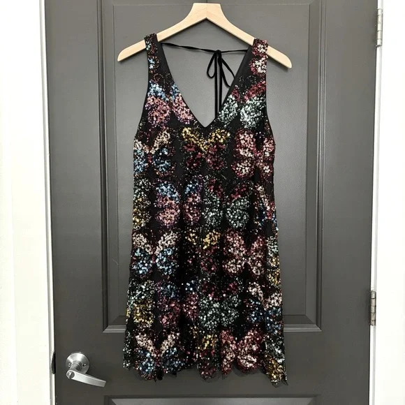Free People Fly Me Away Mini Dress in Black Combo Butterfly Sequins RARE FIND S - Picture 6 of 10